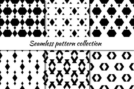 Seamless patterns collection. Rhombuses, triangles, hexagons, figures backgrounds set. Simple shapes ornaments. Folk backdrops kit. Ethnic motif. Digital paper, textile print, abstract Vectors bundleのイラスト素材