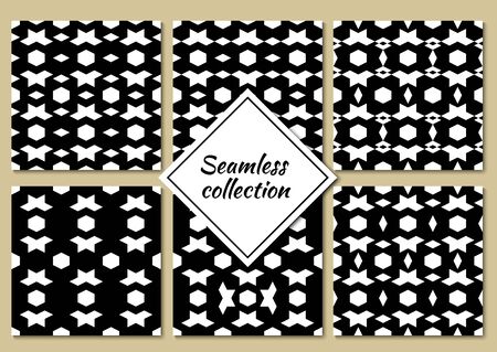 Hexagons, rhombuses, diamonds, lozenges, figures seamless patterns collection. Folk prints. Ethnic ornaments set. Tribal wallpapers kit. Geometrical backgrounds. Retro motif. Abstract vectors bundleのイラスト素材