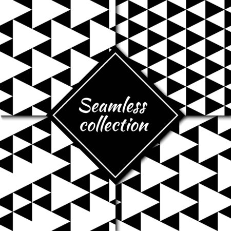 Triangles seamless patterns collection. Folk prints. Triangle shapes images. Ethnic ornaments set. Tribal wallpapers kit. Geometrical backgrounds. Retro motif. Abstract illustrations. Vectors bundle.のイラスト素材