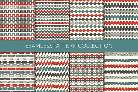 Striped seamless pattern collection. Geometric design background set. Horizontal zig zag, battlement, wavy stylized lines print kit. Geo wallpaper bundle. All ornaments were added in swatches paletteのイラスト素材