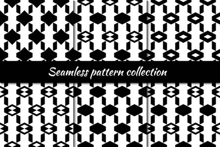 Rhombuses, diamond, lozenges, tiles, hexagons seamless patterns collection. Folk prints. Ethnic ornaments set. Tribal wallpapers kit. Geometrical backgrounds. Retro motif. Abstract vectors bundleのイラスト素材