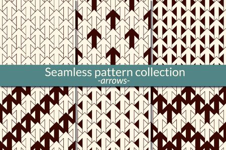 Geometric seamless pattern collection. Geo design background set. Interlocking arrows, pointers motif surface print kit. Simple modern wallaper bundle. All ornaments were added in swatches paletteのイラスト素材