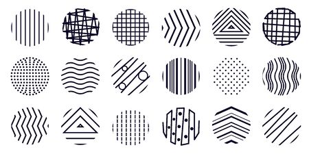 Circle minimal design modern icons collection. Doodle round textured shapes, signs, symbols set. Highlight covers, elements for social media stories, blogs, brand identity. Vector abstract bundleのイラスト素材