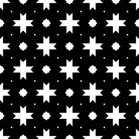Seamless surface pattern design with Moroccan stars and crosses tiles ornament. Oriental traditional ornamentation with repeated geometric shapes. Ancient mosaic wallpaper. Grid motif. Digital paper.のイラスト素材