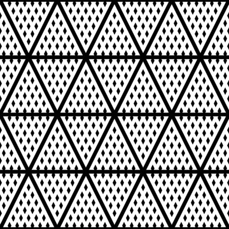 White triangles on black background. Black lines and mini diamonds ornament on white back. Surface pattern design with geometric shapes. Rhombusees and stripes wallpaper. Ornamental motif. Print paperのイラスト素材