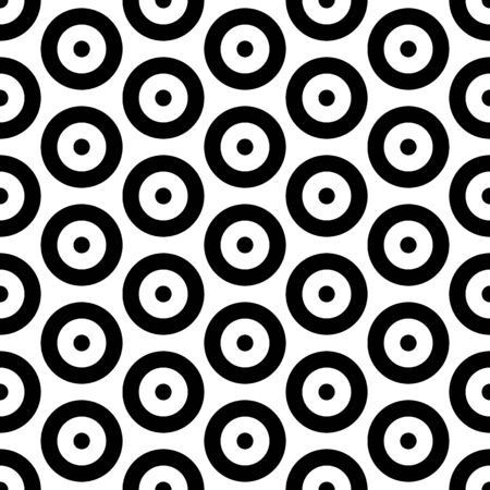 Repeated small and big black circles background. Seamless surface pattern design with circular ornament. Hoops and dots wallpaper. Round motif. Spheres image. Digital paper with rings. Vintage styleのイラスト素材