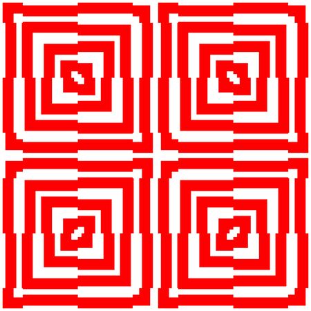 Red repeated stylized squares on white background. Quadrangles wallpaper. Seamless surface pattern design with asymmetrical rectangles ornament. Optical art motif. Digital paper for print. Vectorのイラスト素材