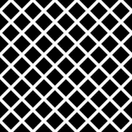 Repeated white diagonal lines on background. Grid wallpaper. Seamless surface pattern design with black diamonds ornament. Grill motif. Digital paper for textile print, web designing, page fills.のイラスト素材