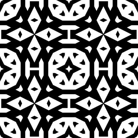 White symmetric figures on black background. Repeating different shapes abstract. Seamless surface pattern design. Ancient motif. Digital paper for page fills, web design, textile print. Vector artのイラスト素材