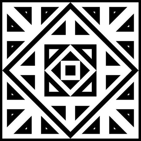 Surface pattern design with squares, triangles, rhombuses. Black polygons abstract. Ethnic embroidery background. Mandala wallpaper. Carpet motif. Digital paper with ancient ornament. Vector image.のイラスト素材