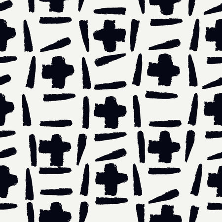 Paint brush strokes seamless pattern. Freehand grunge design background. Crosses motif modern minimal ornament. Trendy handdrawn doodle geometric print. Artistic hand drawn abstract vector wallpaperのイラスト素材