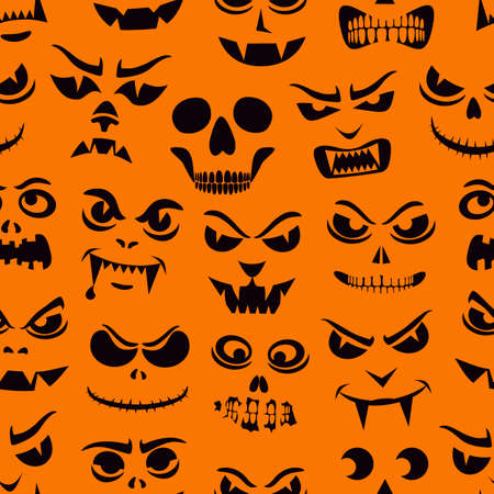 Funny monsters seamless pattern. Halloween pumpkins carved faces silhouettes. Holiday cartoon characters background. Vampires, skeletons, demons stencil. Kids scrapbook digital paper, textile printのイラスト素材