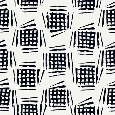 Paint brush strokes seamless pattern. Freehand grunge design background. Squares motif modern minimal ornament. Trendy handdrawn doodle geometric print. Artistic hand drawn abstract vector wallpaperのイラスト素材