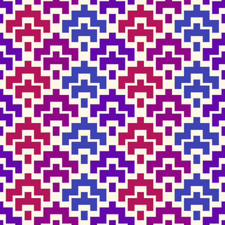 Geometric pixel art seamless pattern. Retro arcade game motif geo print. Repeated arcs, brackets mosaic background. Simple ornamental wallpaper. Vector artistic abstract ornamentのイラスト素材