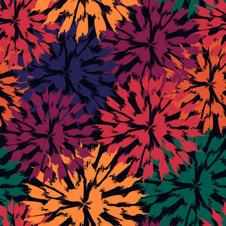 Paint brush floral seamless pattern. Garden flowers, firework, circle motif background. Brushstrokes design print. Freehand artistic ornament. Handdrawn texture. Hand drawn abstract vector wallpaperのイラスト素材