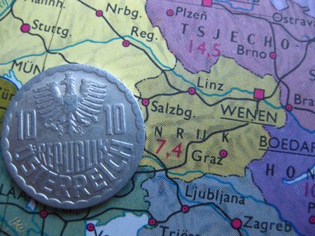 Old Schilling coin on Austrian mapの写真素材