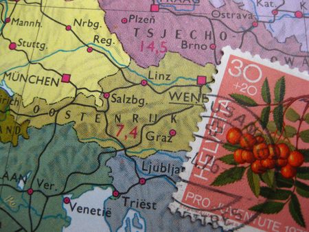Austrian stamp on vintage mapの写真素材