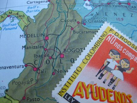 Stamp on vintage Colombia mapの写真素材