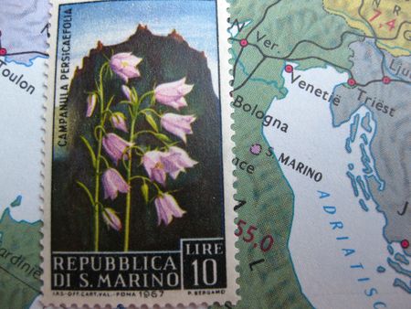 Stamp on Vintage map: San Marino