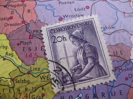 Stamp on Vintage map: Czech Slovakiaの写真素材