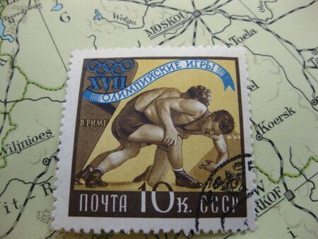 Stamp on vintage map: Sovjet Union - Russia