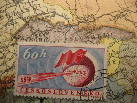 Stamp on vintage map: Czechoslovakia