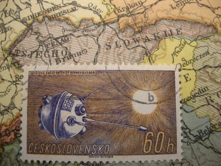 Stamp on vintage map: Czechoslovakia