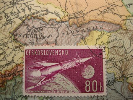 Stamp on vintage map: Czechoslovakiaの写真素材