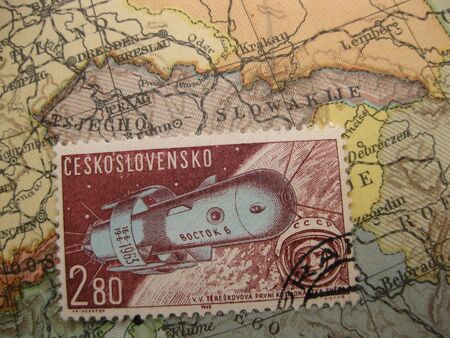 Stamp on vintage map: Czechoslovakia