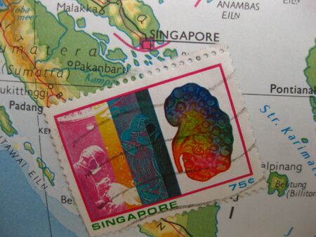 stamp on vintage map from Singaporeの写真素材