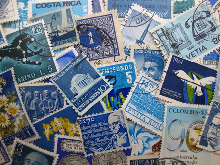 Collection of blue stamps from all over the world の写真素材