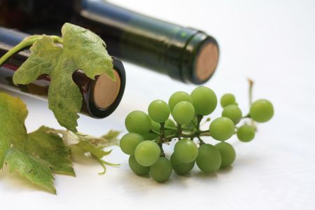 Wine bottles, grapevines and grapesの写真素材