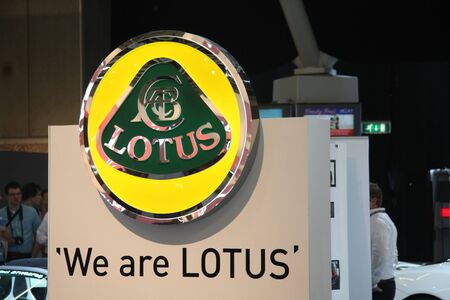April, 22nd 2011 Amsterdam, the Netherlands. Amsterdam Rai Carshow Lotus stand with logo. British car manufacturer, known for models Elan and Espritのeditorial素材