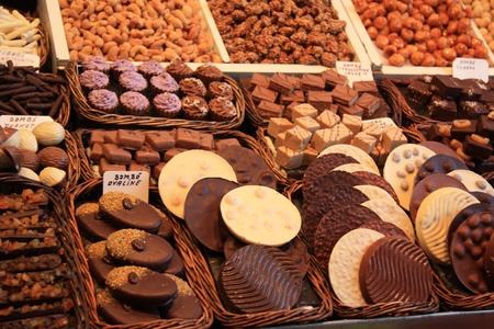 Choclates and pralines in all different sorts displayed on a Spanish marketのeditorial素材