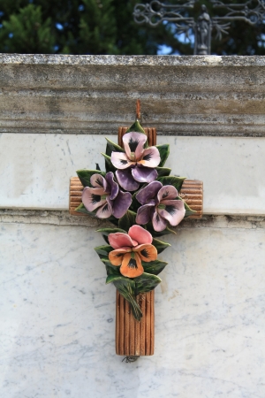 Ceramic flowers on a grave ornament in the Provence, Franceの写真素材