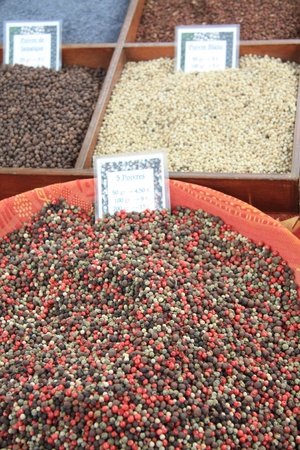 Different sorts of pepper on a market in the Provence, Franceのeditorial素材