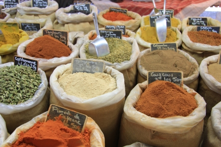 Herbes and spices in jute bags on a Provencal market in Franceのeditorial素材
