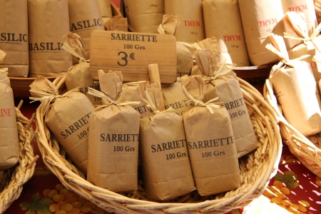 Herbs and spices in paper bags at a Provencal market in Franceのeditorial素材