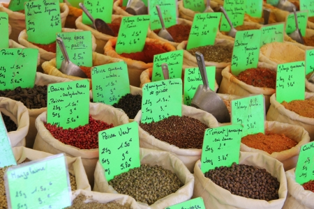 Herbs and spices in jute bags at a Provencal market in Franceのeditorial素材