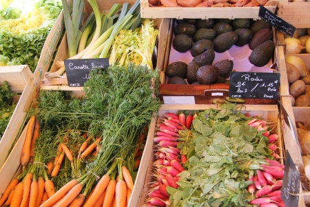 Various sorts of vegetables at a market stall in the Provence, Franceのeditorial素材