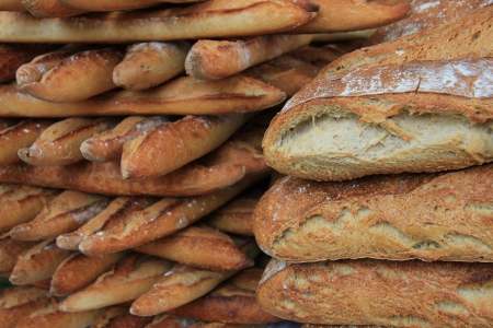 Fresh baguettes, traditional French bread at a market