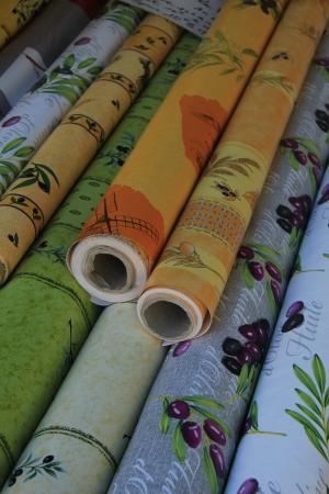 Rolls with fabric with traditional Provencal patterns at a local market in Franceの写真素材