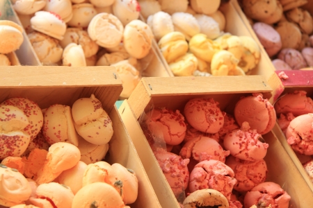 Meringue in various flavors on display, typical candy from Southern Franceの写真素材
