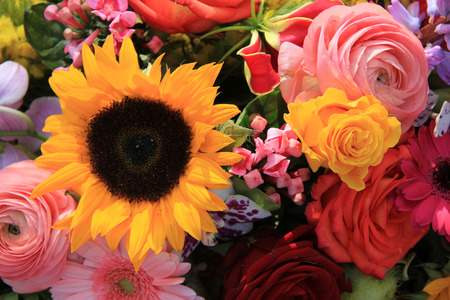 Mixed bouquet in bright colors, various flowersの写真素材