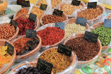 Candied fruits and nuts at a French marketの写真素材