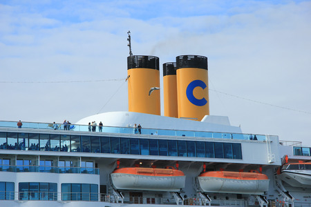 June 13rd, 2014. Velsen: Costa Neo Romantica on North Sea Canal, detail of shipのeditorial素材