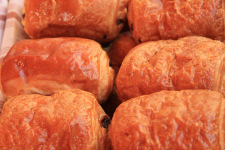 Close up of French pain au chocolat, chocolate filled breadの写真素材