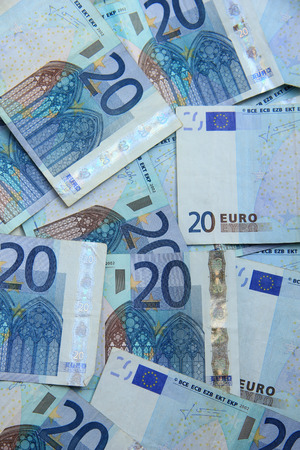 Twenty euro notes, spead over a tableの写真素材