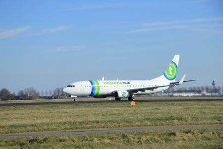 March, 22nd 2015, Amsterdam Schiphol Airport PH-HZX Transavia Boeing 737-8K2  take off from Polderbaan Runwayのeditorial素材