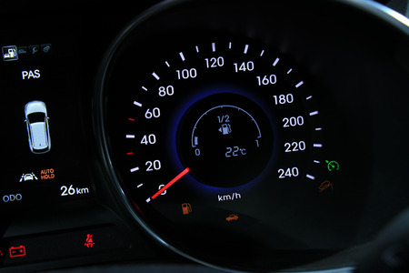 Digital dashboard of a modern car, showing all different functions